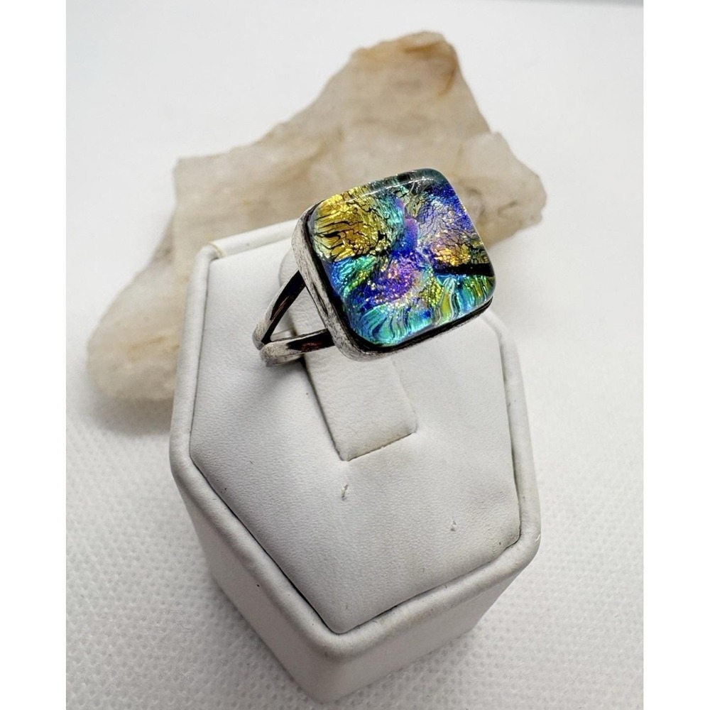 Sterling‎ Silver Dichroic Glass Statement Ring Size 8 Artisan Modern Square 925